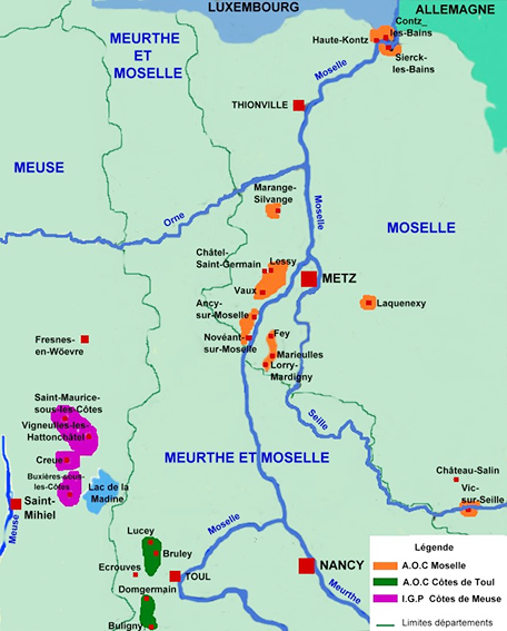 carte des régions viticoles de Lorraine 